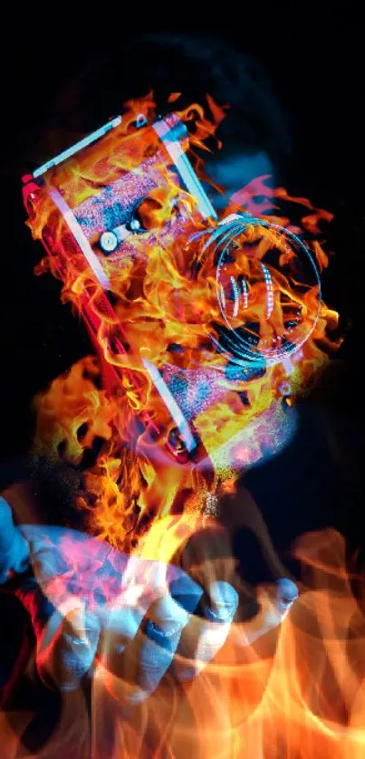 Fiery camera floating above a hand with vibrant colors and dramatic effect.