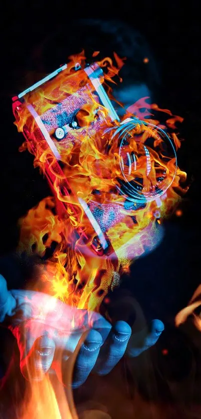 Fiery camera floating above a hand with vibrant neon effects.