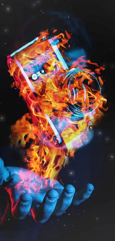 Photorealistic wallpaper of a fiery camera held by a hand, set against a dark background.