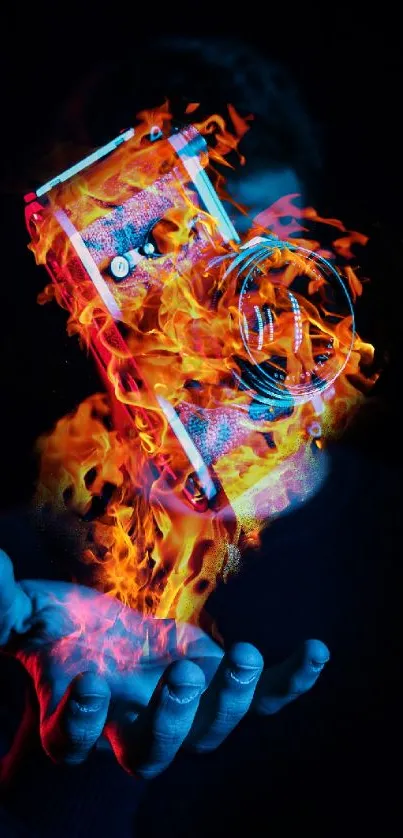 Hand holding a fiery camera with vibrant flames on a dark background.