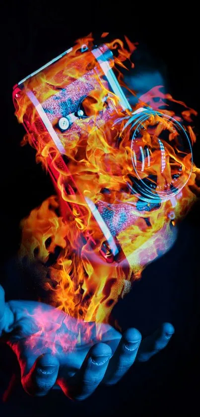 Colorful flaming camera held in a hand on black background.