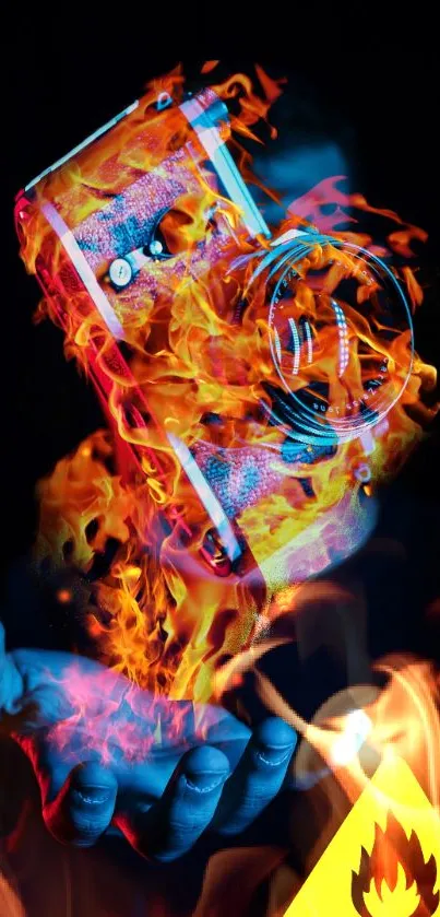 Artwork featuring a flaming camera held above a hand, with vibrant and striking colors.