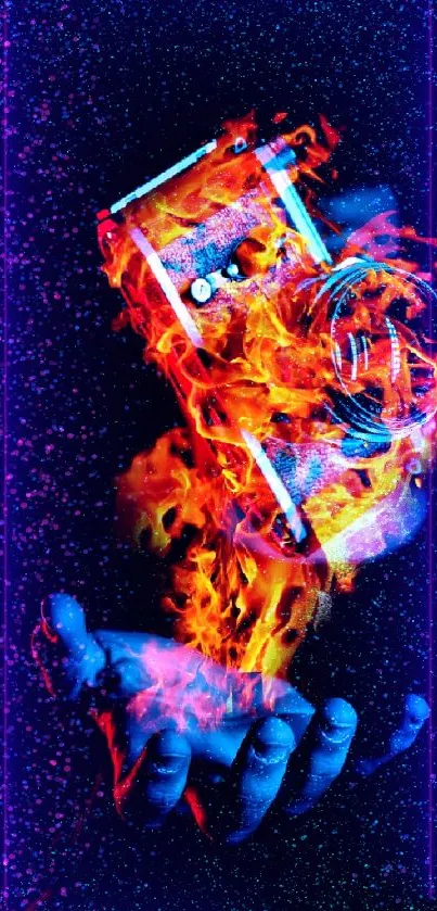 Artistic wallpaper of a camera in red and blue flames held by a hand.