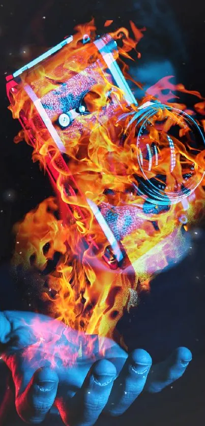 Vivid wallpaper of a flaming camera in a hand.