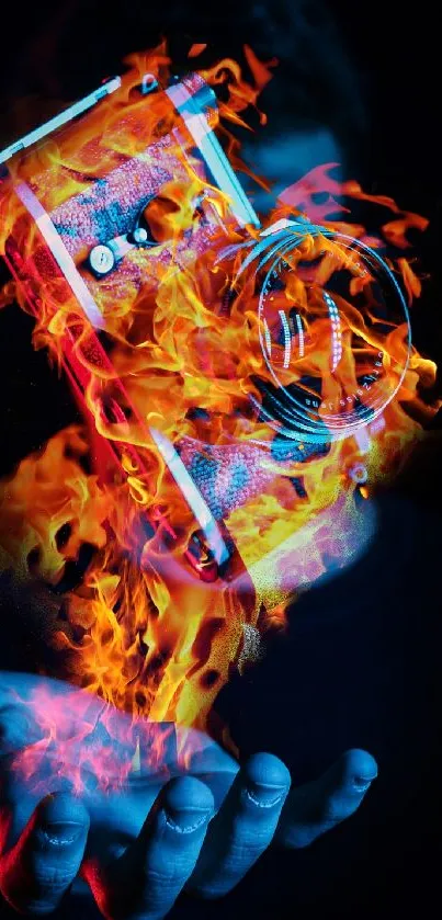 Fiery camera held in a hand with vibrant colors.