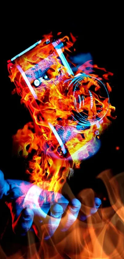 Fiery camera hovering above a hand in a dramatic mobile wallpaper.