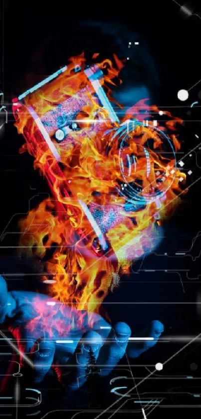 Fiery camera in hand with vibrant flames and dark background.