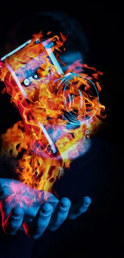 Camera engulfed in flames floating above a hand on dark background.