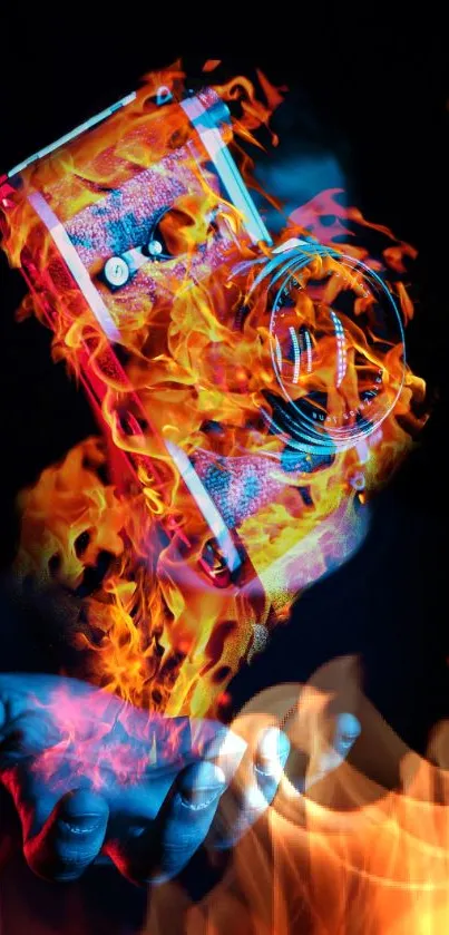 Fiery camera and hand mobile wallpaper with vibrant flames.