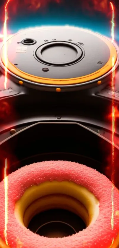 A vivid phone wallpaper with a fiery camera lens design.