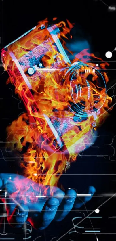 Fiery camera floating above a hand with flames in digital art style.