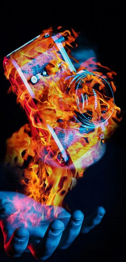 Mobile wallpaper of a camera with vibrant flames