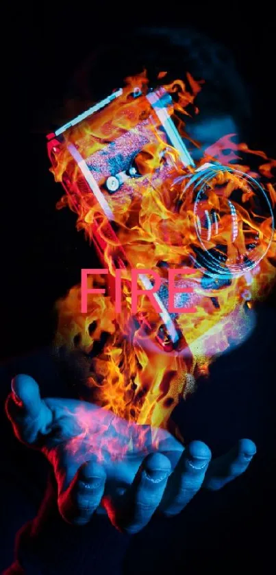 A camera engulfed in flames floats above a person's hand in this vibrant wallpaper.