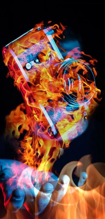 A camera engulfed in vivid flames on a dark background.