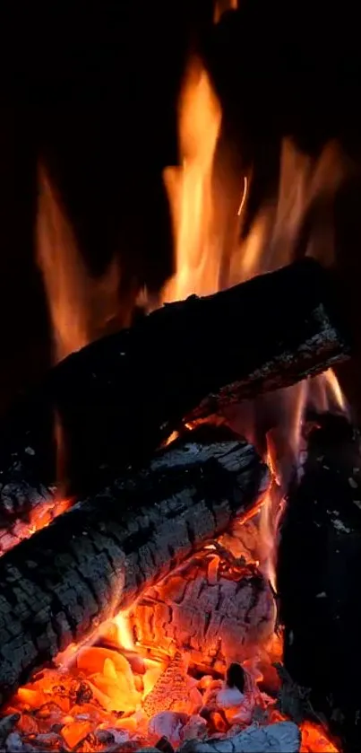 Mobile wallpaper of burning campfire logs, showcasing vibrant orange flames.