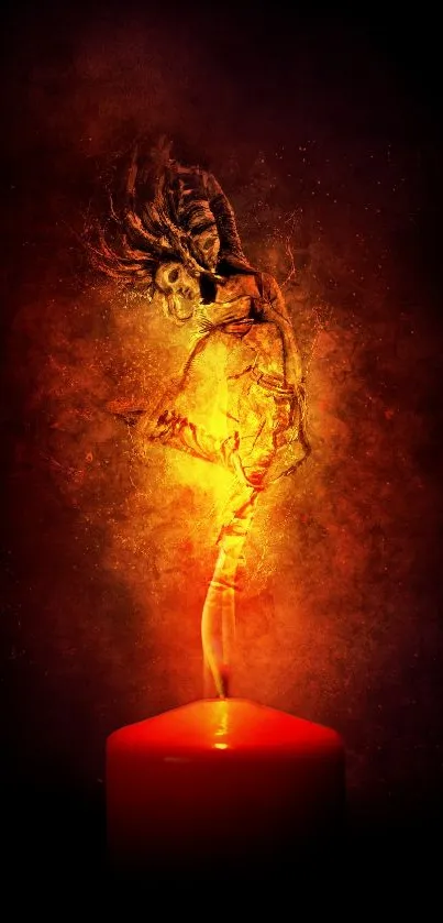 Artistic mobile wallpaper with a fiery dancer emerging from a candle flame.