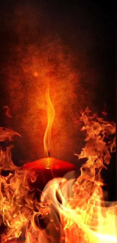 Fiery candle with flames in darkness, vibrant mobile wallpaper.