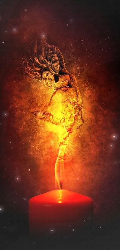 Fiery figure rising from candle flame on dark background.