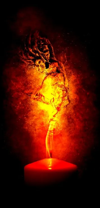 Fiery spirit rising from a candle, mobile wallpaper in vivid orange and red hues.