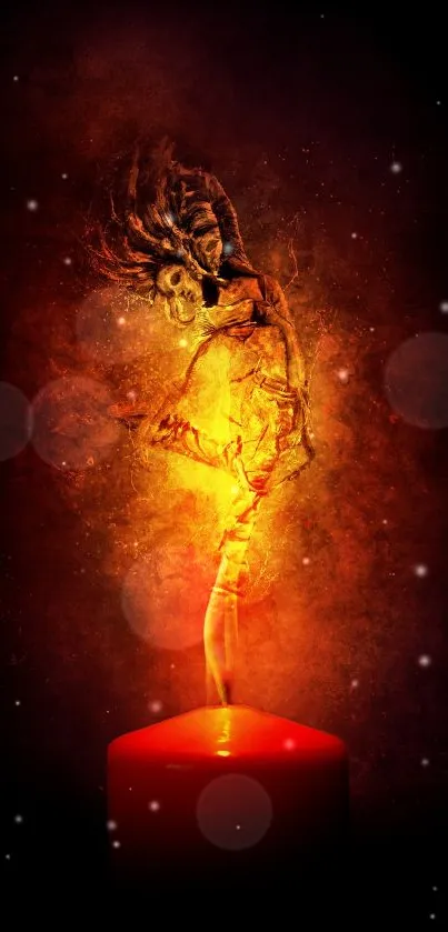 Fiery spirit emerging from a red candle on a dark background wallpaper.
