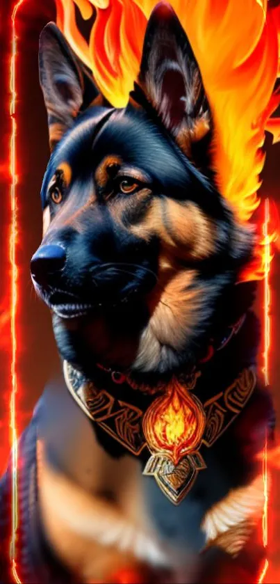 Noble dog with fiery flames in vivid artwork wallpaper.