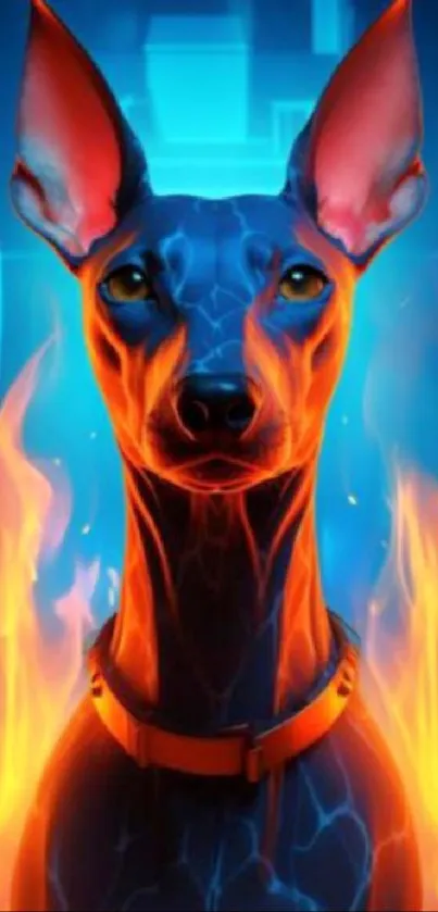 Digital art of a dog with fiery hues and vibrant blue flames.