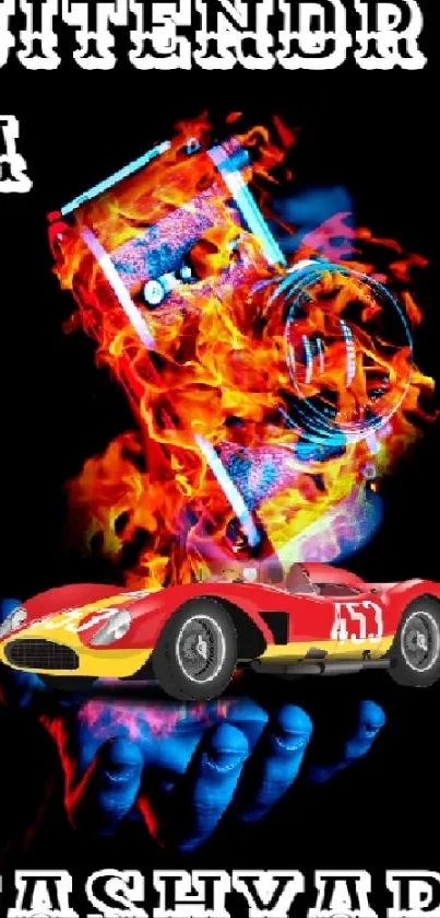 Fiery phone and red car with vibrant flames on black background.