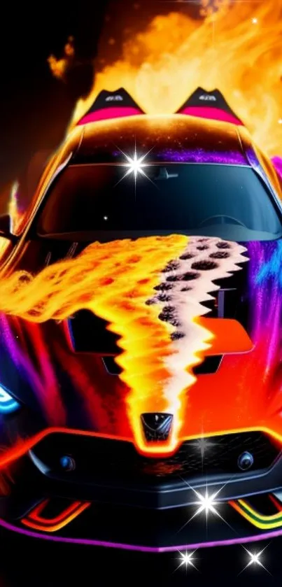 Futuristic sports car with fiery colors and neon lighting on a wallpaper.