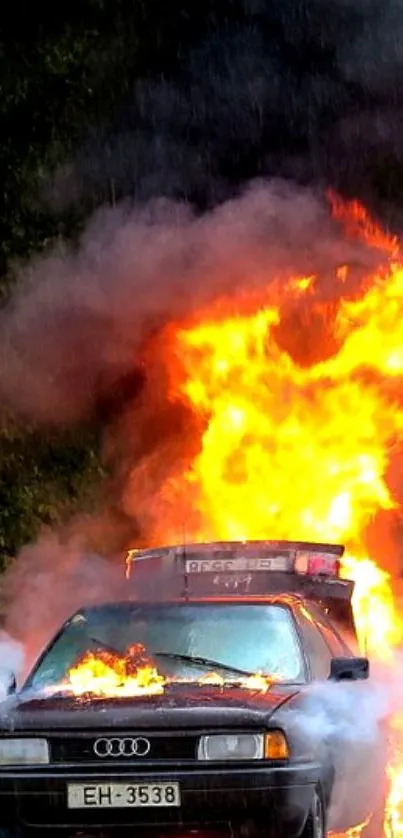 Burning car with intense flames and smoke on a mobile wallpaper.