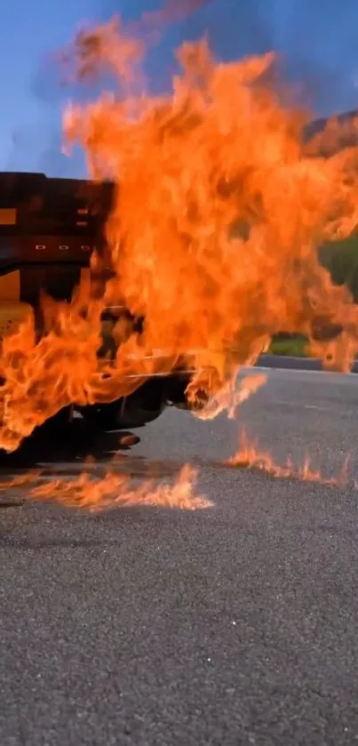 Car engulfed in vibrant flames on a road.