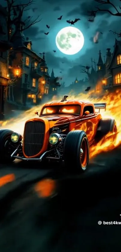 Vintage car with flames racing on a haunted, moonlit street.