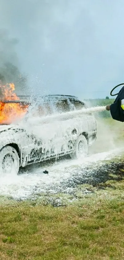 Firefighter extinguishing a car fire with foam.