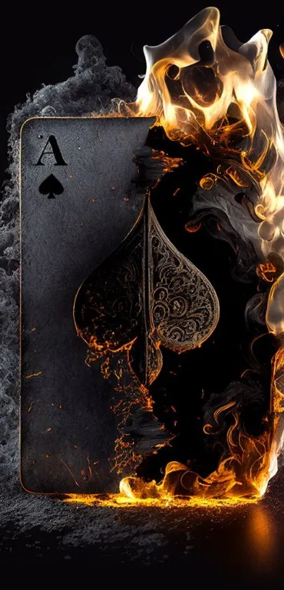 Ace of spades card engulfed in flames with smoke.