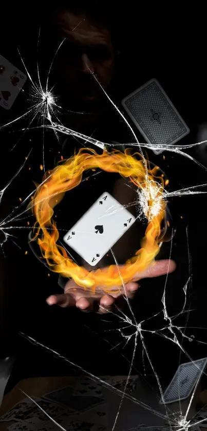 Floating playing cards encircled by fire with shattered glass effect.