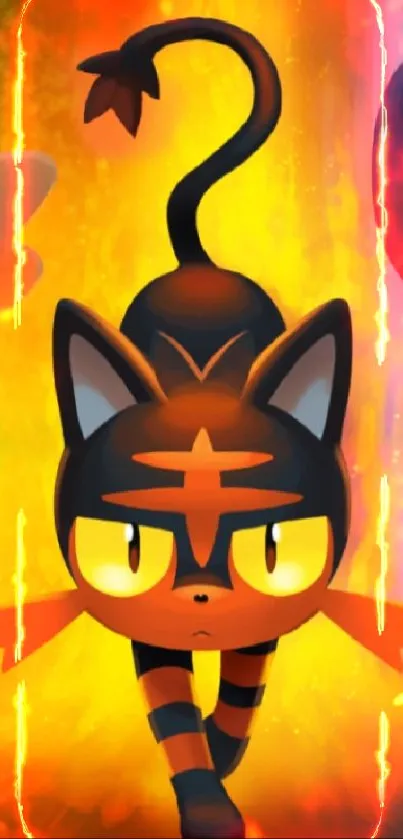 Fiery cartoon cat with vibrant background.