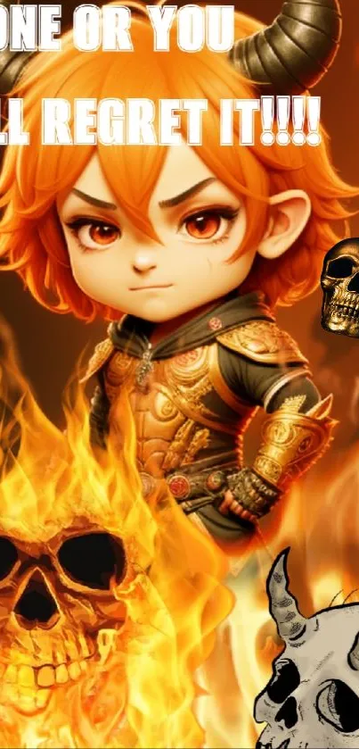 Fiery cartoon demon with orange flames and skulls wallpaper.