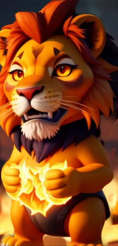 Fiery cartoon lion with vibrant orange flames.