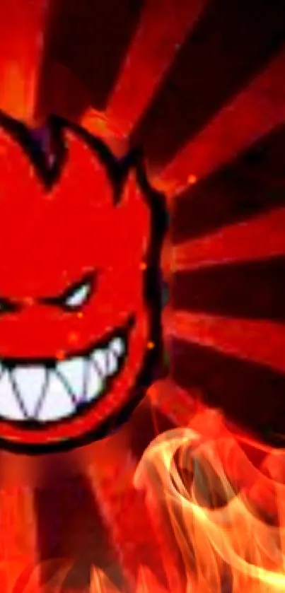 Fiery cartoon character with a wide grin on a red and orange background.