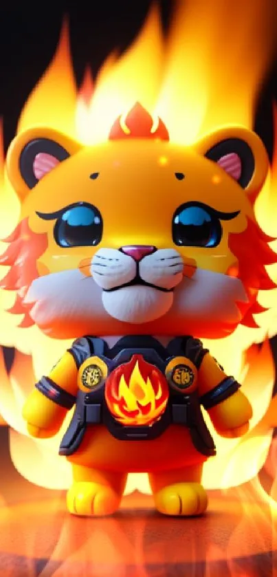 A cute cartoon tiger with flames background.