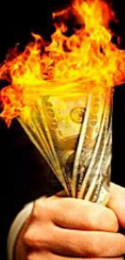 A hand holds cash with vivid flames, symbolizing risk and wealth.