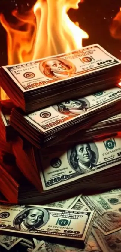 Stacks of cash amid fiery flames wallpaper.