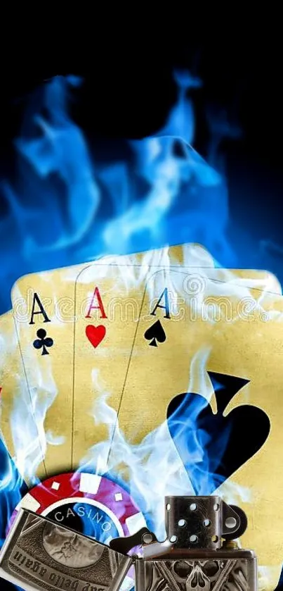 Flaming casino-themed wallpaper with playing cards in vivid blue hues.