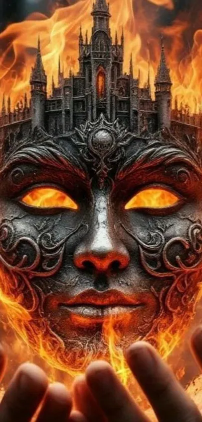 Fiery mask with castle and flames, mobile wallpaper art.