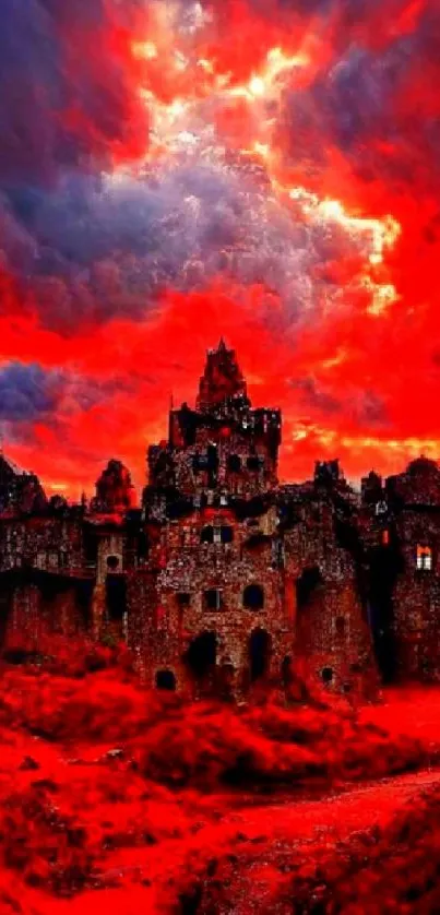 Breathtaking fiery castle under stormy red skies in fantasy landscape artwork.