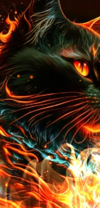 Artistic cat engulfed in fiery flames with glowing eyes.