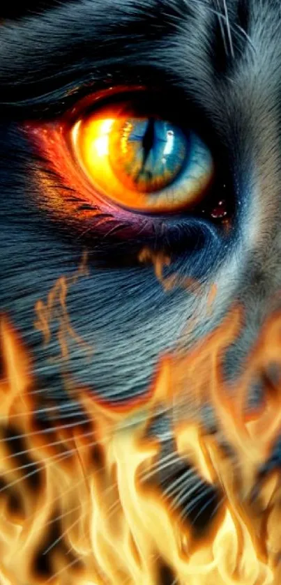 Close-up of a lion's eye with flames surrounding it.