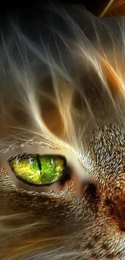 Close-up of a cat's eye with fiery orange highlights.