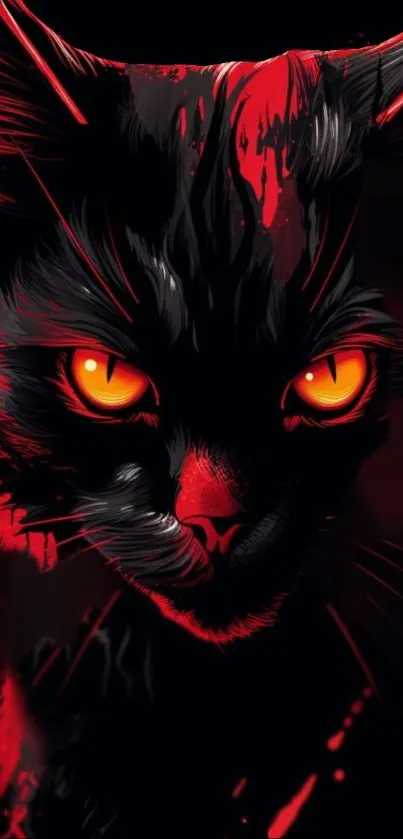 Mystical black cat with fiery eyes in dramatic wallpaper.