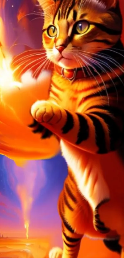 A magical cat surrounded by fiery light in a fantasy-themed mobile wallpaper.