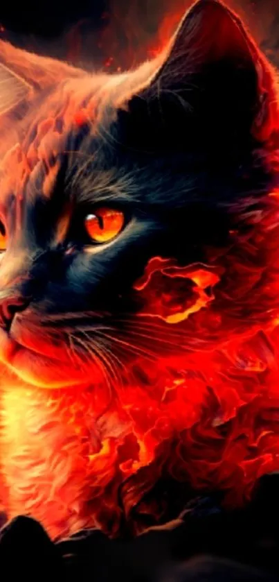 Fiery cat surrounded by flames, exuding fantasy allure.